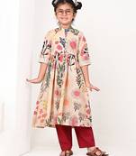 Beige floral printed cotton cape set