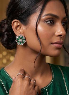 Traditional indian oxidised plated with white & green  stones earrings 2