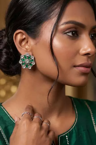 Traditional indian oxidised plated with white & green  stones earrings