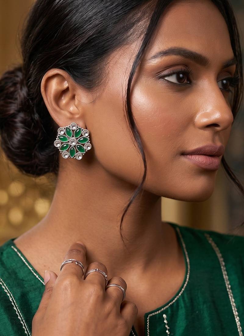 Traditional indian oxidised plated with white & green  stones earrings