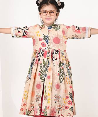 Beige floral printed cotton cape set 2