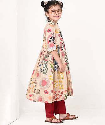 Beige floral printed cotton cape set 3
