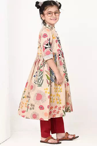 Beige floral printed cotton cape set