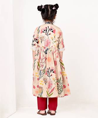 Beige floral printed cotton cape set 4