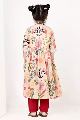 Beige floral printed cotton cape set