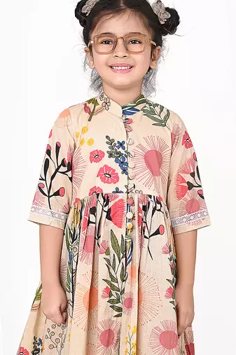 Beige floral printed cotton cape set