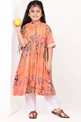 Peach orange floral printed cotton cape set