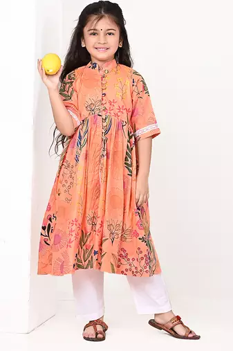 Peach orange floral printed cotton cape set