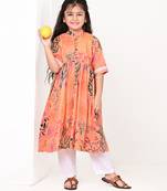 Peach orange floral printed cotton cape set