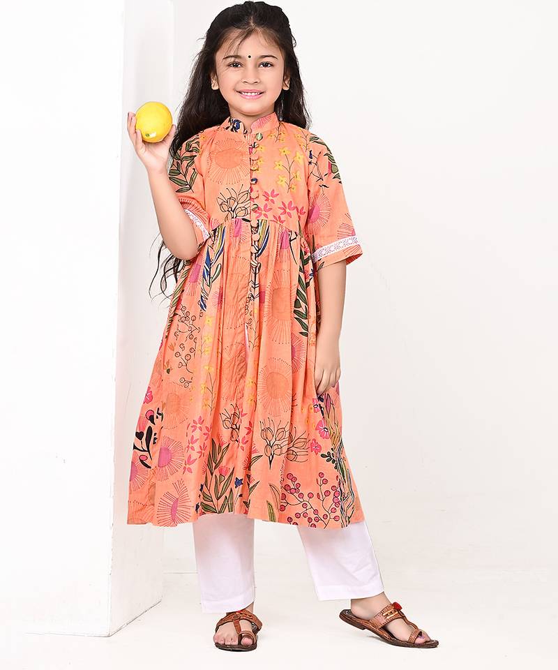 Peach orange floral printed cotton cape set