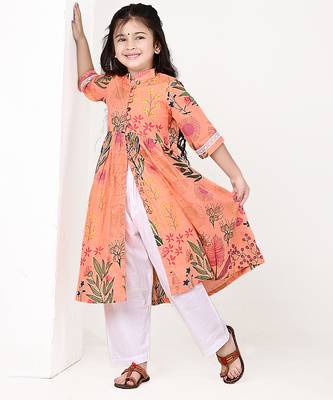 Peach orange floral printed cotton cape set 2