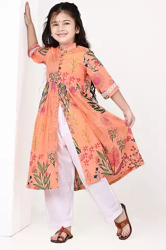 Peach orange floral printed cotton cape set
