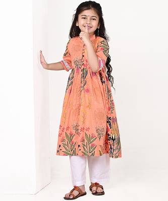 Peach orange floral printed cotton cape set 3