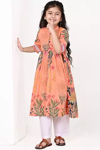 Peach orange floral printed cotton cape set