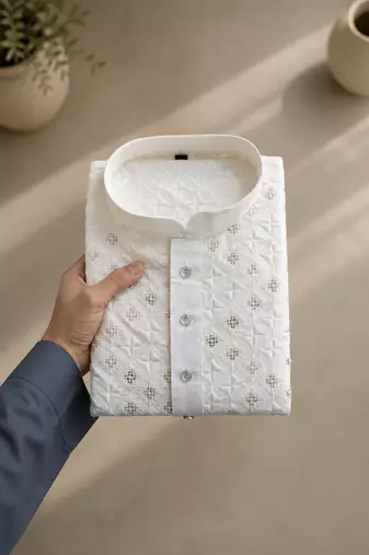 White color white embroidery thread work with multi sequence silk men's kurta payjama set