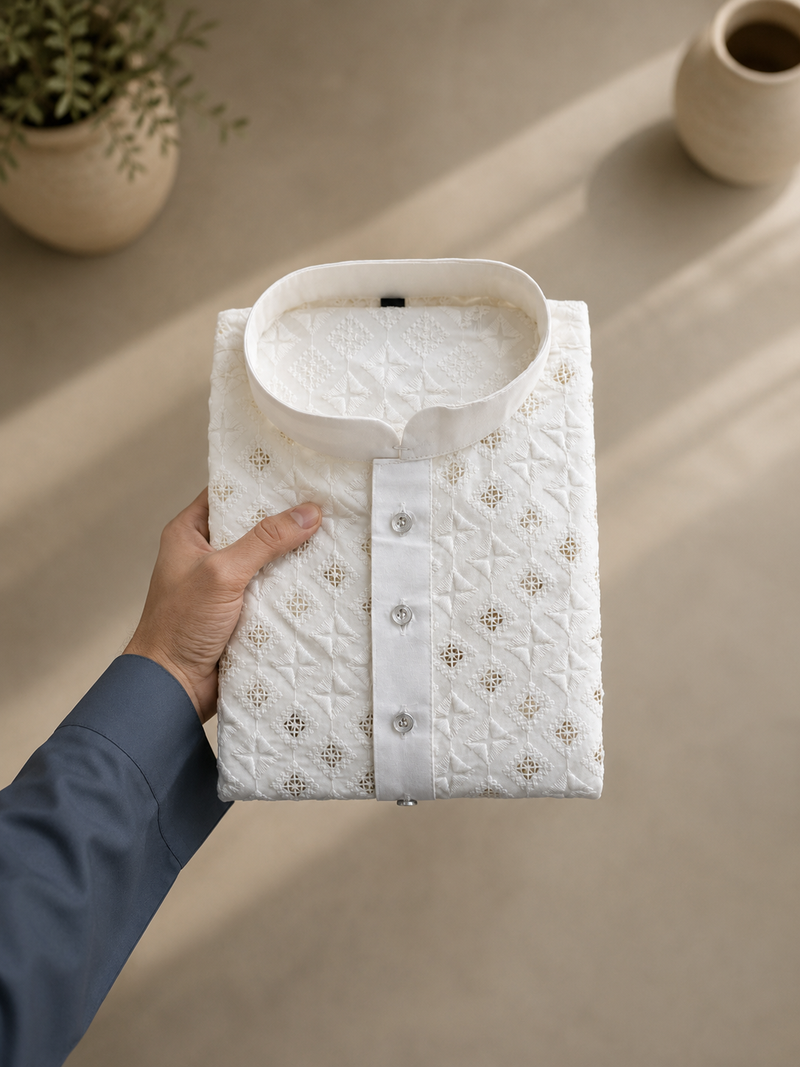 White color white embroidery thread work with multi sequence silk men's kurta payjama set