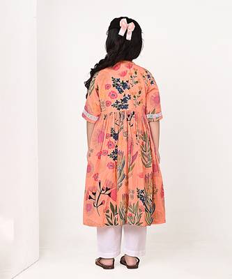 Peach orange floral printed cotton cape set 4