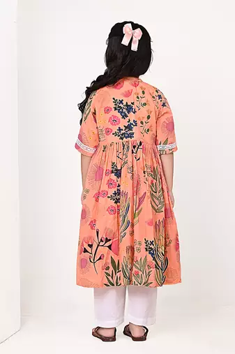 Peach orange floral printed cotton cape set