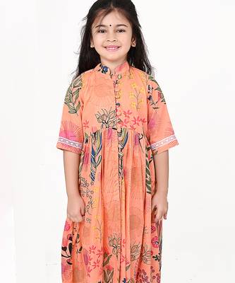 Peach orange floral printed cotton cape set 5