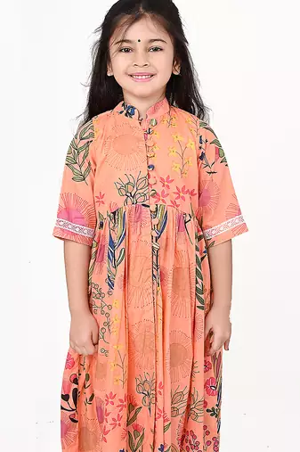 Peach orange floral printed cotton cape set