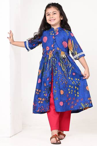 Royal blue floral printed cotton cape set
