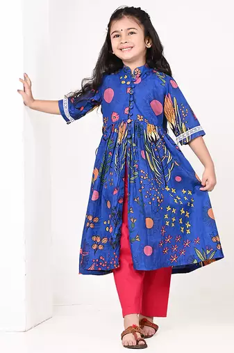 Royal blue floral printed cotton cape set