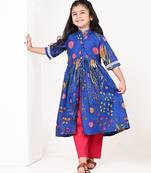 Royal blue floral printed cotton cape set