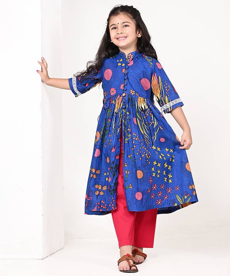 Royal blue floral printed cotton cape set
