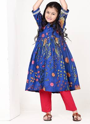 Royal blue floral printed cotton cape set 2