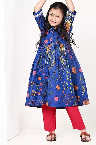 Royal blue floral printed cotton cape set