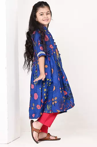 Royal blue floral printed cotton cape set