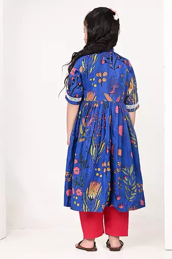 Royal blue floral printed cotton cape set