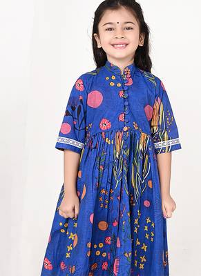 Royal blue floral printed cotton cape set 5
