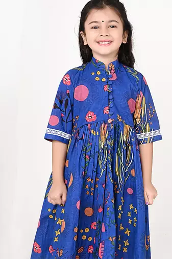 Royal blue floral printed cotton cape set
