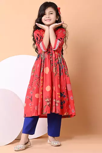 Red floral printed cotton cape set