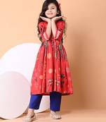 Red floral printed cotton cape set