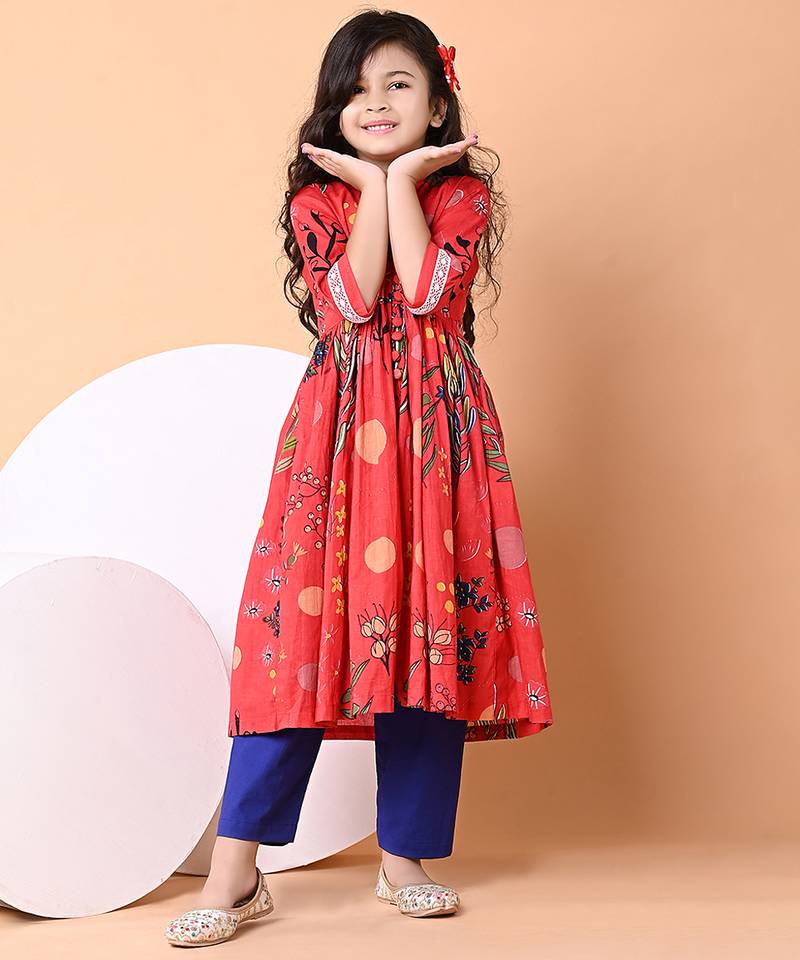 Red floral printed cotton cape set