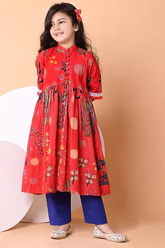 Red floral printed cotton cape set