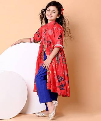 Red floral printed cotton cape set 3