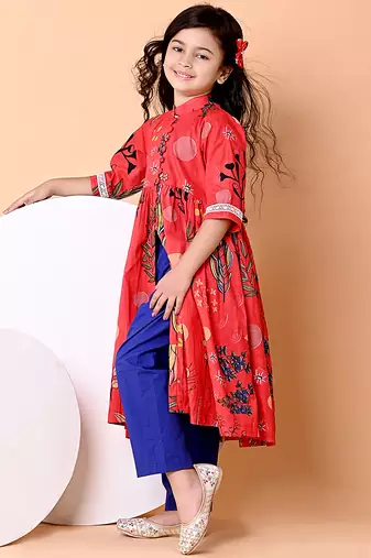 Red floral printed cotton cape set