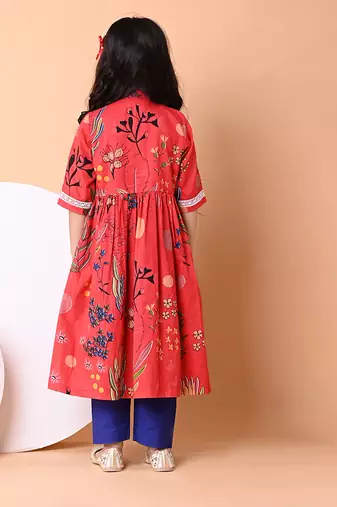 Red floral printed cotton cape set