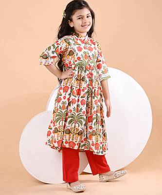 Off white floral printed cotton cape set 2