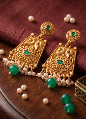 Traditional indian gold  plated with  green  stones earrings 1