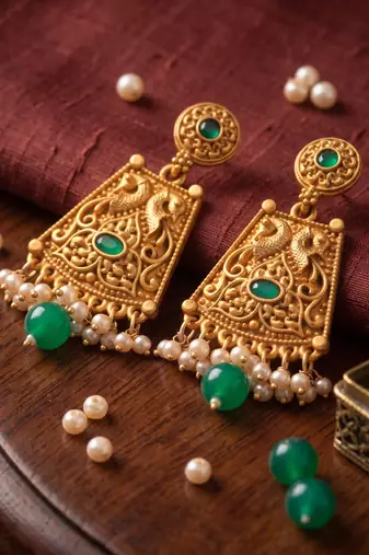 Traditional indian gold  plated with  green  stones earrings