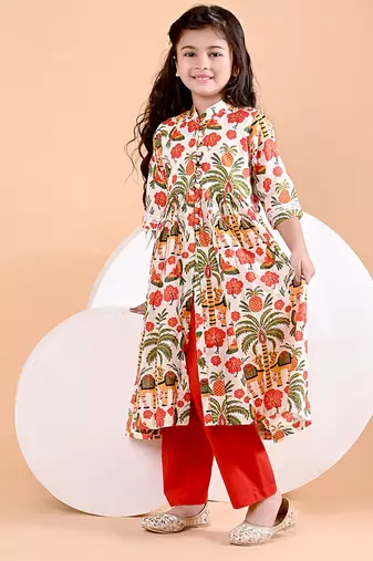 Off white floral printed cotton cape set