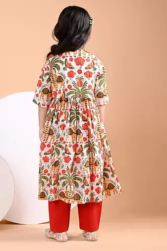 Off white floral printed cotton cape set