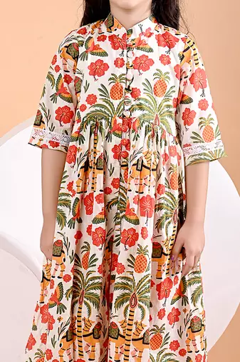 Off white floral printed cotton cape set