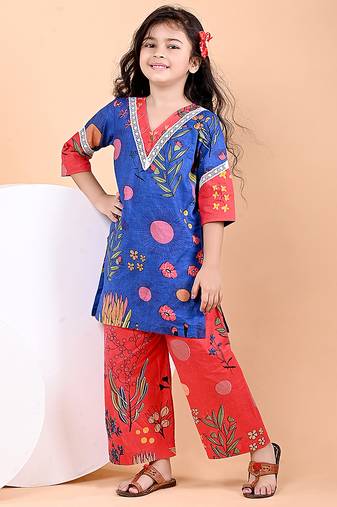 Royal blue floral printed cotton kurti set