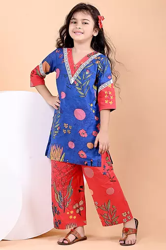 Royal blue floral printed cotton kurti set
