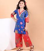 Royal blue floral printed cotton kurti set